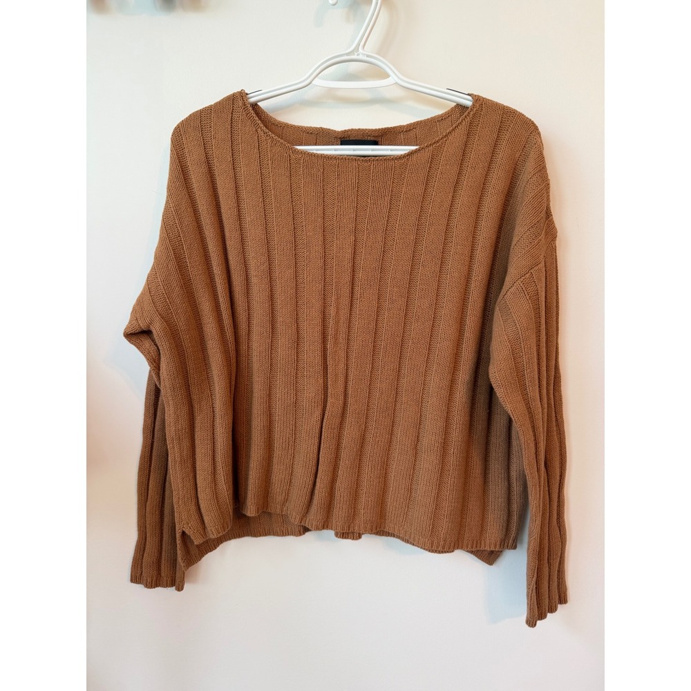 Lumiere Womens Ribbed Knit Sweater Camel Brown Long Sleeve Boat Neck Pullover M